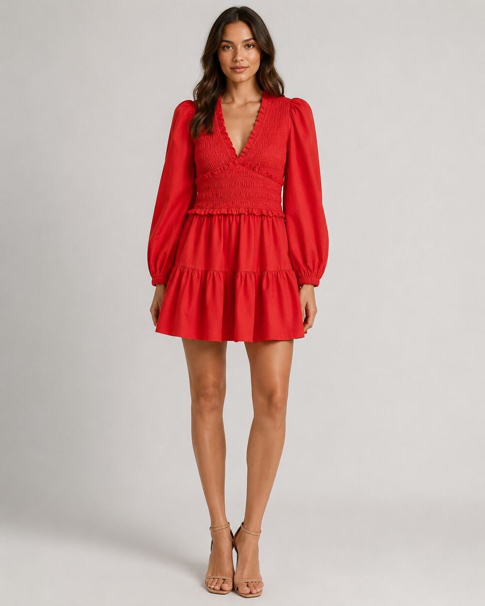 Sea New York Red Mini Dress 4 Small Smocked Puff Sleeve Ruffle Tiered Cotton